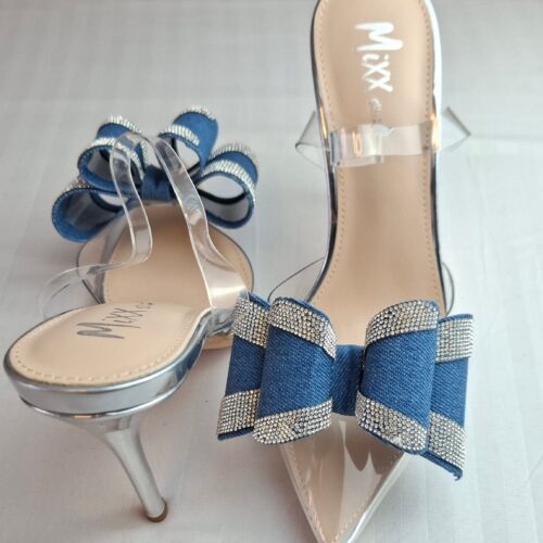 Clear Crystal Bow Denim Slingback Heels