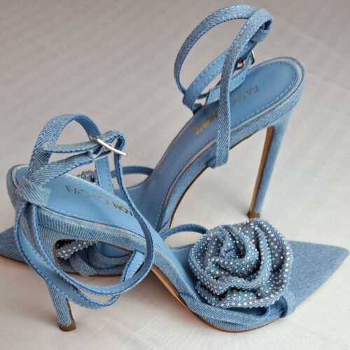 Crystal Bloom Denim Sandal Heels