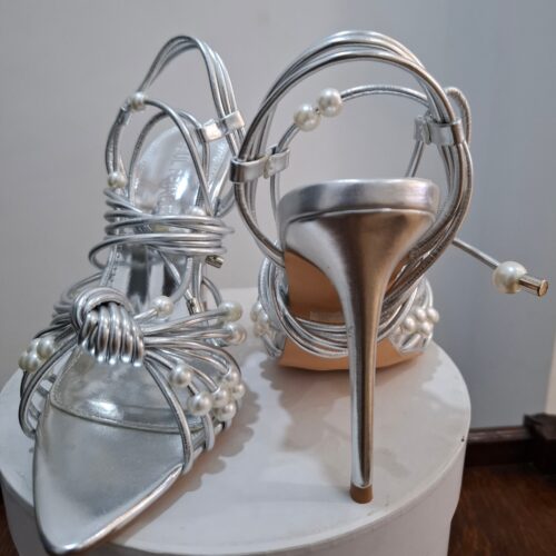 Silver Pearl Lace-Up Heels