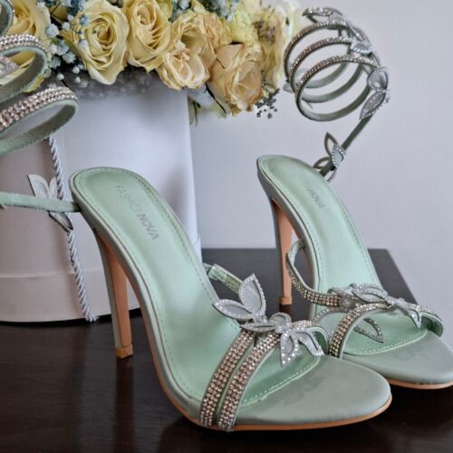 Mint Crystal Butterfly Wrap-Up Sandal Heels